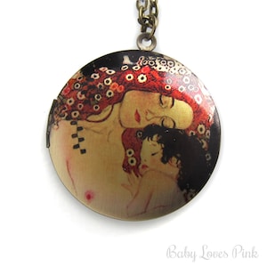 Mother and Child Art Locket Necklace - Brass Photo Locket  (R3B-B3)