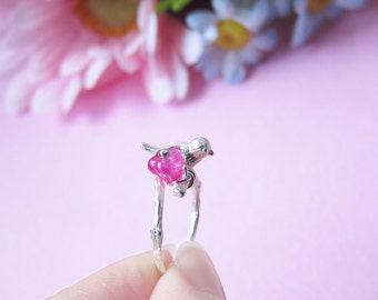 Little Bird and Flower on Tree Branch Ring - Rhodium plated brass, Glass Flower