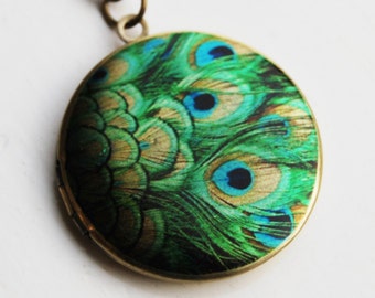 Peacock Feather Locket Necklace - Brass Photo Locket  (R3B-D1)