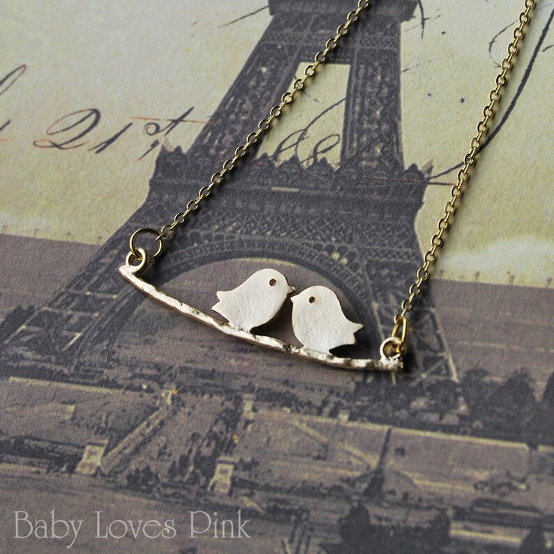 Love Birds Kissing on Tree Branch Gold Plated Couples Necklace image 3