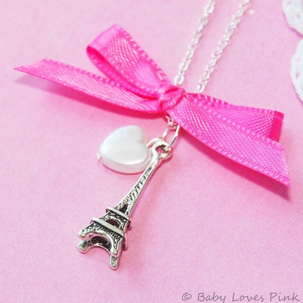 J'Adore Paris - Pink Ribbon ( silver Eiffel Tower necklace )   (R5B)