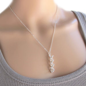 DNA Silver Necklace - genetics science double helix molecule (T4)