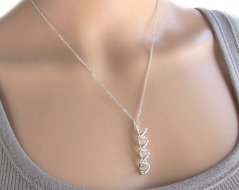 DNA Silver Necklace - genetics science double helix molecule (T4)