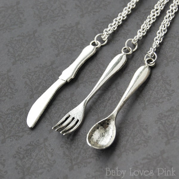 Spoon, Fork, Knife Best Friend Necklace -  Set of 3 BFF Cutlery Utensil Necklaces  (R1E2)