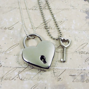 Silver Heart Lock and Key Couples Necklace Real working Lock Pendant image 2