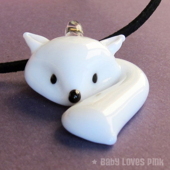 Arctic Fox Glass Necklace Cute White Baby Fox Lampwork Etsy