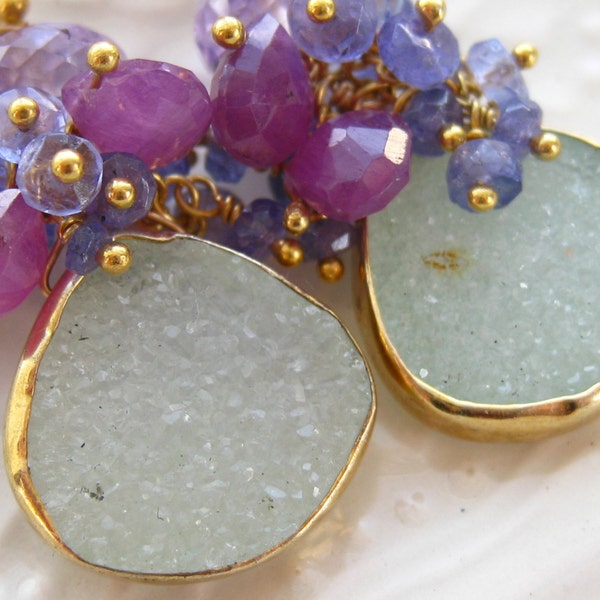 Reserved Drusy and Gemstone Earrings-Sugared Mint