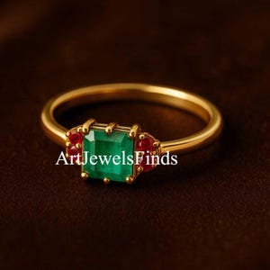 Emerald & Ruby Art Deco Ring: 18K Gold Plated Vintage Style