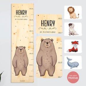 Messlatte Kinder personalisiert, individuelle Messleiste Kinderzimmer mit Name, Datum und Tiermotiv, perfektes Geschenk zur Geburt Kinder