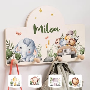 Kindergarderobe mit Namen und Baby Tiere, Kleiderhaken aus Holz, personalisierte Garderobe für Kinder, Geschenk für kleine Tierfreunde