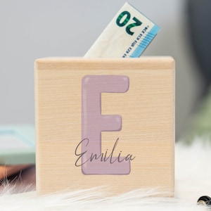 Spardose personalisiert mit Namen Holz, Babygeschenke zur Geburt, Taufgeschenk Mädchen, Kinder Spardose, Geschenk zur Einschulung in lila