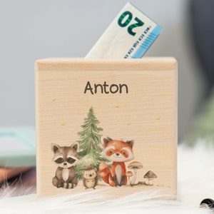 Spardose personalisiert mit Namen & Waldtiere Motiv aus Holz, Kinder Spardose, Geschenk zur Taufe und Geburtstag, Sparkiste für Kinder