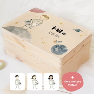 Erinnerungskiste Baby personalisiert aus Holz mit Astronaut, individuelle Aufbewahrungsbox, Geschenk zur Geburt, Geburtsgeschenk, Taufe