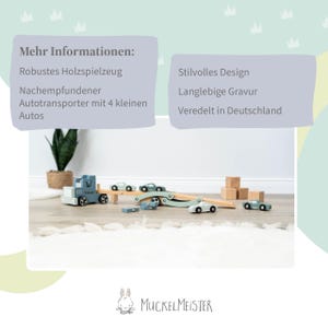 May include: A blue wooden toy truck with a ramp and four smaller cars. The truck has the word "Police" written on the side. The toy is made of wood and has a natural finish. The toy is on a light brown wooden floor.