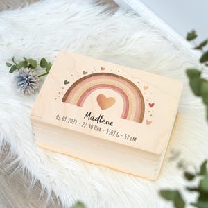 Erinnerungskiste Baby mit Name, Babygeschenk, Regenbogen Motiv, Erinnerungsbox Baby, Taufgeschenk, Personalisiertes Geschenk Baby, Geburt