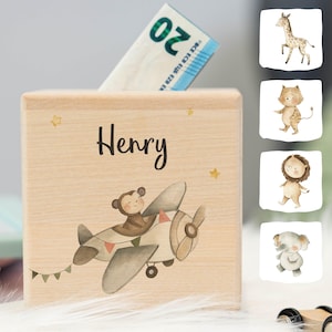 Spardose personalisiert mit Namen & Tiere im Flugzeug Motiv aus Holz, Kinder Spardose, Geschenk zur Taufe und Geburtstag, Kinderspardose