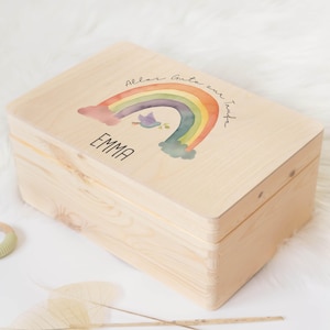Erinnerungskiste Baby personalisiert aus Holz mit Regenbogen, individuelle Aufbewahrungsbox, Geschenk zur Taufe, Kinderzimmer, Taufgeschenk