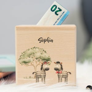 Spardose personalisiert mit Namen & Zebra Motiv aus Holz, Kinder Spardose, Geschenk zur Taufe und Geburtstag, Sparkiste für Kinder
