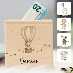 Spardose personalisiert mit Namen & Tiere im Luftballon Motiv aus Holz, Kinder Spardose, Geschenk zur Taufe und Geburtstag, Kinderspardose