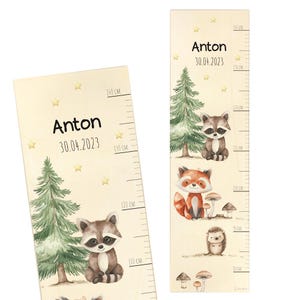 Messlatte Kinder personalisiert, individuelle Messleiste Kinderzimmer mit Name und Datum, Waldtiere Fuchs Igel Waschbär Geschenk Geburt