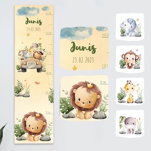 Messlatte Kinder personalisiert, individuelle Messleiste Kinderzimmer mit Name, Datum und Babytier, perfektes Geschenk zur Geburt Kinder