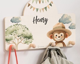 Children's wardrobe with name and monkey, wooden coat hooks, personalized wardrobe for children, perfect gift for little adventurers