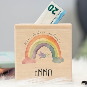 Spardose personalisiert mit Namen & Taufe Regenbogen Motiv aus Holz, Kinder Spardose, Geschenk zur Taufe und Geburtstag, Kinderspardose