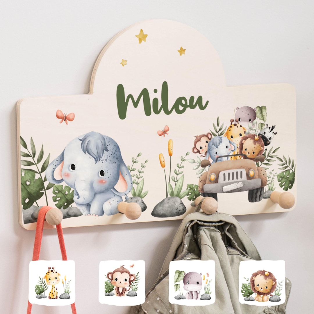 Children's Coat Rack With Name and Baby Animals, Wooden Coat Hooks ...