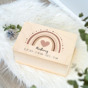 Erinnerungskiste Baby mit Name, Babygeschenk, Regenbogen Motiv, Erinnerungsbox Baby, Taufgeschenk, Personalisiertes Geschenk Baby, Geburt