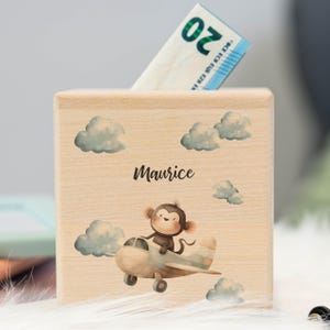 Spardose personalisiert mit Namen & Affe im Flugzeug Motiv Holz, Kinder Spardose, Geschenk zur Taufe und Geburtstag, Sparkiste für Kinder