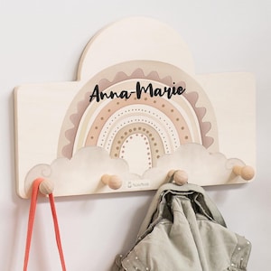 Kindergarderobe personalisiert mit Regenbogen für Mädchen, Kleiderhaken aus Holz, Geschenk mit Namen, bezaubernde Garderobe für Kinderzimmer