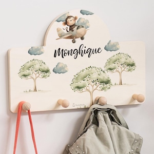 Kindergarderobe mit Namen und Affe, Kleiderhaken aus Holz, personalisierte Garderobe für Kinder, perfektes Geschenk für kleine Abenteurer