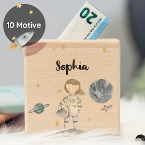 Spardose personalisiert mit Namen & Astronaut Motiv aus Holz, Kinder Spardose, Geschenk zur Taufe und Geburtstag, Sparschwein für Kinder