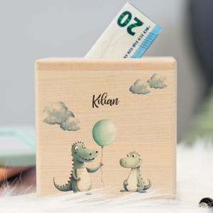 Spardose personalisiert mit Namen & Krokodil Motiv aus Holz, Kinder Spardose, Geschenk zur Taufe und Geburtstag, Sparkiste für Kinder