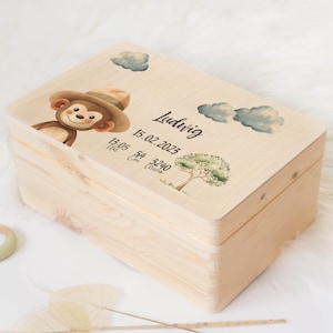 Erinnerungskiste Baby personalisiert aus Holz mit Affen, individuelle Aufbewahrungsbox, Geschenk zur Geburt, Kinderzimmer Erinnerungsbox
