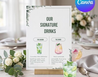 Sage Green Signature Drink Menu |  Wedding Drink Sign | Minimalist Bar Menu | His Hers Drinks | Editable Wedding Drink Sign