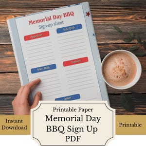 Puede incluir: Una hoja de inscripción para la barbacoa del Día de los Caídos con secciones para platos. La hoja tiene detalles en rojo y azul sobre un fondo blanco. Una taza de café está al lado de la hoja. El texto dice 'Memorial Day BBQ Sign Up'.