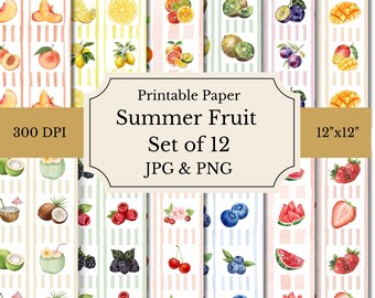 Motivo a righe con frutta estiva senza soluzione di continuità / Pacchetto di carta con frutta ad acquerello / Motivo frutta per stampa su richiesta / Motivo a piastrelle a righe preppy / 12x12 JPG PNG