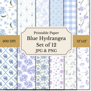 May include: A collection of 12 printable paper designs featuring blue hydrangea patterns. The designs include floral, striped, and checkered patterns in shades of blue and white. The paper is 12"x12" and 300 DPI. The image includes the text "Blue Hydrangea Set of 12 JPG & PNG".