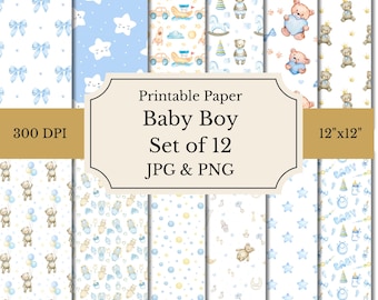 Carta senza cuciture per neonato / Carta digitale "È un maschietto" / Stampe per baby shower / Carta a tema per la cameretta / Stampe acquerello pastello