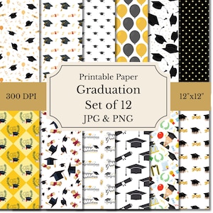 Könnte beinhalten: Ein Set aus 12 bedruckbaren Papieren zum Thema Abschlussfeier. Die Designs umfassen Abschlusskappen, Diplome, Luftballons und festlichen Text. Die Papiere sind im JPG- und PNG-Format mit 30,48 cm x 30,48 cm erhältlich.