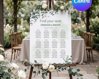 Schema dei posti a sedere per matrimonio color verde salvia, modello modificabile / Disposizione dei posti a sedere per matrimonio botanico / Cartello stampabile per il ricevimento / Schema dei posti a sedere per matrimonio minimalista