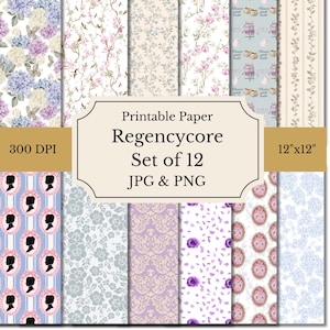 Puede incluir: Un conjunto de 12 papeles imprimibles Regencycore. Los papeles presentan patrones florales, botánicos y de camafeos en colores pastel. El conjunto incluye archivos JPG y PNG, cada uno de 30.48 cm x 30.48 cm a 300 DPI. La imagen incluye el texto "Printable Paper Regencycore Set of 12 JPG & PNG".