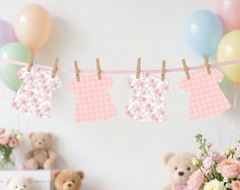 Striscione con vestitino da neonata / Bambina in fiore / Striscione a quadretti rosa per neonata / Striscione con body floreale per neonata / Decorazioni digitali per baby shower per bambina / Striscione con tutina