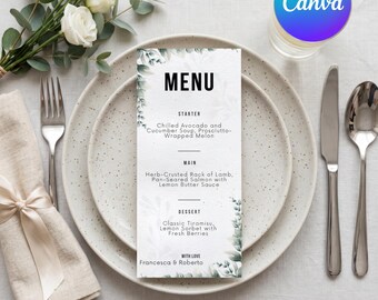 Modello di menu per matrimonio color verde salvia modificabile / Menù botanico / Menù per ricevimento stampabile / Cartelli per matrimonio minimalisti / Addio al nubilato