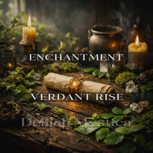 May include: A mystical scene with a rolled parchment scroll tied with twine, lit by a glowing candle. The text "ENCHANTMENT" and "VERDANT RISE" are visible. Greenery and candles surround the scroll on a wooden surface.