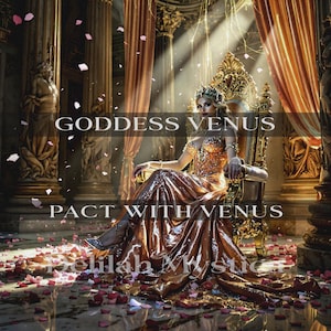 May include: An artistic depiction of a woman in a gold gown and crown seated on a golden throne. The image includes the text "Goddess Venus" and "Pact with Venus". Rose petals are scattered on the floor.