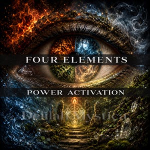 Puede incluir: Una obra digital que muestra un ojo grande con un iris segmentado que representa fuego, agua, tierra y aire. El texto FOUR ELEMENTS POWER ACTIVATION está centrado. Un camino de piedra conduce a un símbolo brillante entre piedras y cristales.