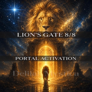 May include: A digital artwork featuring a large lion head above a glowing golden archway with the text LION'S GATE 8/8 PORTAL ACTIVATION. A lion stands before the bright portal, flanked by stone lion statues under a starry night sky with pyramids.