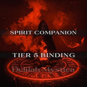 May include: A digitally enhanced image with a dark, mystical theme. The text "SPIRIT COMPANION" and "TIER 5 BINDING" are displayed. A person in a dark cloak is surrounded by red smoke and a glowing circular design.